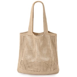 Crochet Tote, Mesh Knitted Shoulder Bag - Large Aesthetic Hobo for Women - Summer (Khaki, Style W)
