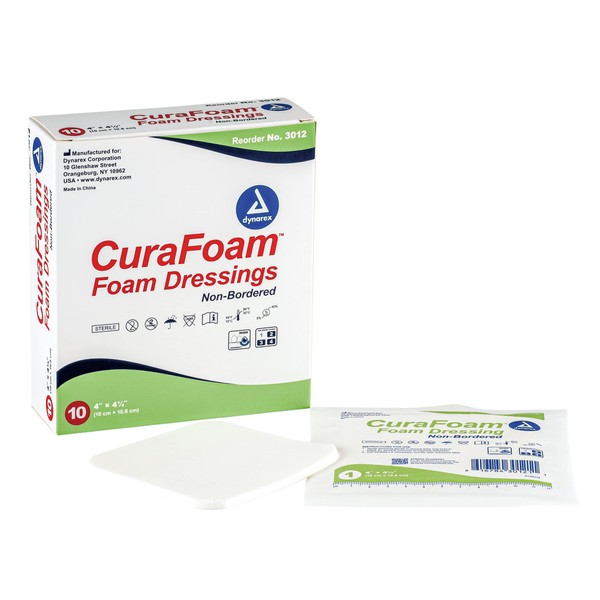Dynarex CuraFoam Foam Dressings, Non-Bordered, Sterile, Provides Cushioned and Moist Wound Care, Used for Medium to Heavy Exuding Wounds, 4" x 4.25", 1 Case of 120 CuraFoam Dressings (12 Boxes of 10)