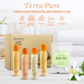 Terra Pure Amenity Kit | Boxed Hotel Toiletries | Bulk Set 1oz Travel Size Shampoo, Conditioner, Lotion, Body Wash & Cleansing Bar for Guest Hospitality AirBnB/Vacation Rentals | 15 sets per case