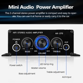 AK270 Mini Audio 2-Channel Stereo Power Amplifier Portable Sound Amplifier AUX Input Speaker Amp for Car and Home
