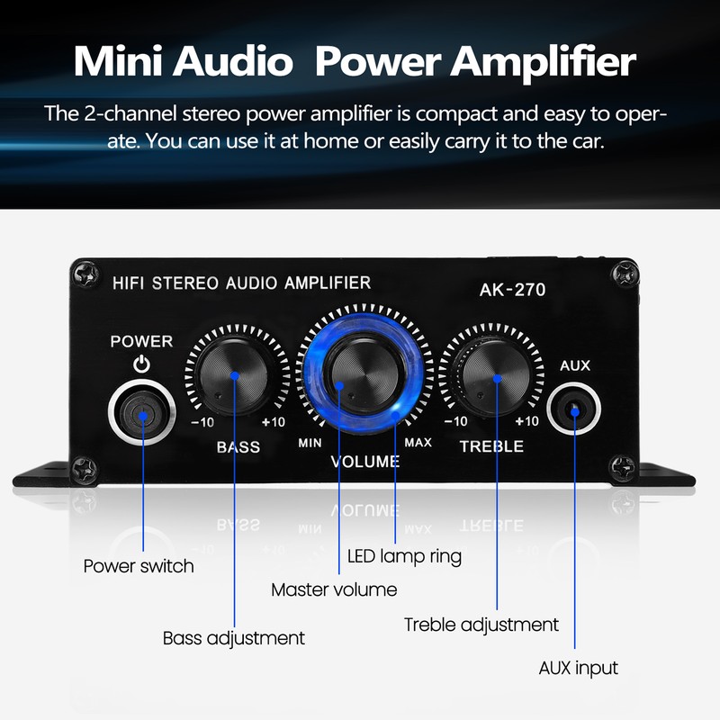 AK270 Mini Audio 2-Channel Stereo Power Amplifier Portable Sound Amplifier