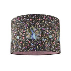 Designer Chic Purple Peacock and Multi Coloured Feather and Floral Cotton Fabric Drum Lamp Shade | 30cm x 20cm by Happy Homewares