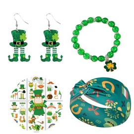 HIGHTERTON St. Patrick's Day Gifts for Women, 4pcs St. Patrick Funny Gifts Set With Bracelet,Earrings,Headband,Stickers