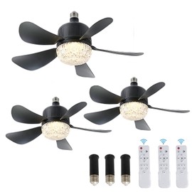 Socket Fan Light with Remote, Dimmable LED Ceiling Fans with Lights, 15" Screw in Socekt Fans and Socket Extender, 3 Colors 3000K-6500K, Replacement Light Bulb Fan for Kitchen Garage Bedroom, Black-3P