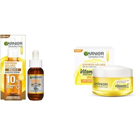 Garnier Express Aclara Serum Noche Antimanchas con 10% Vitamina C Pura, 30ml + Garnier Skin Active Face Express Aclara Crema hidratante, tono uniforme con FPS30, 50 mililitros