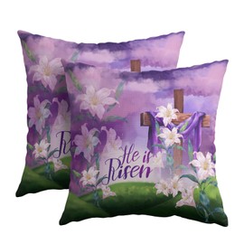 Kawani Easter Throw Pillow Covers 18x18 Set of 2 He is Risen Cushion Case Cotton Linen Square Happy Easter Purple Throw Pillows Case for Spring Flowers Party Sofa Couch Bed Bench Outdoor