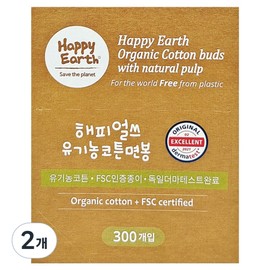 Happy Earth Organic Cotton Swabs, 2, 300 Pieces / 해피얼쓰 유기농 코튼 면봉, 2개, 300개입