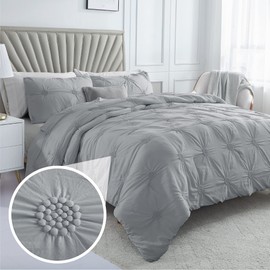 Swift Home Full/Queen Gray Comforter Set - Ruched 3D Floral Pintuck Bedding Set - 3 Pieces Bed Linen, 1 Comforter and 2 Pillow Shams