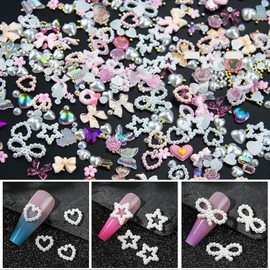 500Pcs Assorted Pearls 3D Nail Charms Pink Multi Shapes Heart Flower Bowknot Nail Charms Mix Heart Star Bows Round White Pearls Nail Beads Charms for Manicure DIY Crafts Jewelry Accessories