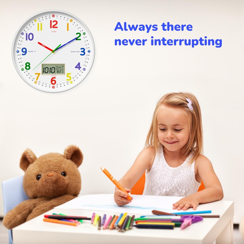 lanktoo 12" Silent Teaching Wall Clock with LCD Date Weekday