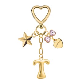 Suweibuke Gold Bubble Initial Letter Keychain, Women Girl Bags Charms Gift - Mother's Day Birthday Christmas Valentine's Gift (T-Gold Letter Pink Rhinestone)