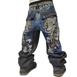 Ethbox Men's Hip Hop Retro Embroidered Jeans Street Hip Hop Y2K Gothic Straight Loose Wide Leg Pants (Medium,Black)