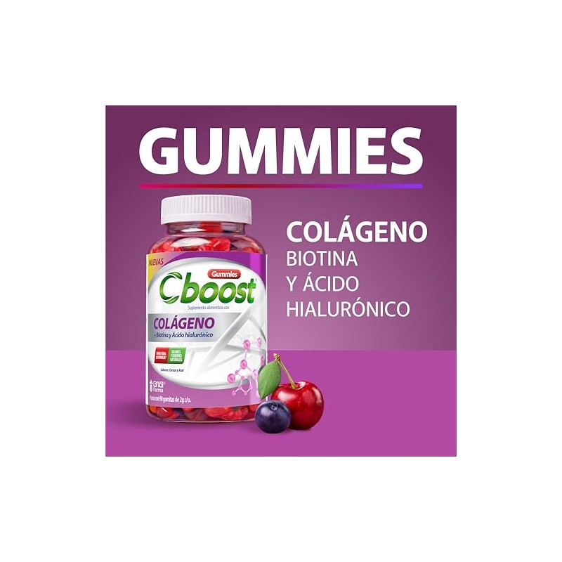 Cboost - Gomitas Colágeno, Biotina y Ácido Hialurónico, Cereza, 90