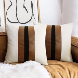 JASEN Set of 2 Leather Pillow Cover 18x18, Black and White Decorative Throw Pillow Covers Brown Modern Stripe Accent Cushion Cover Couch Bed Sofa