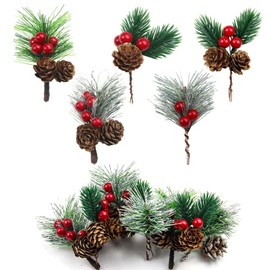 chenyu Pack of 20 Small Artificial Pine Branches with Berries Christmas Table Decoration Berries Pine Cones Green Pine Needles Christmas Branches Christmas Decorations DIY Christmas Garland (5 Styles)
