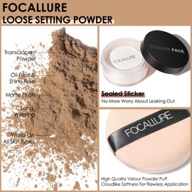 FOCALLURE Oil Control Loose Face Powder, Translucent Loose Setting Powder, Shine-Free Matte Finishing Powder, Long-lasting & Lightweight Sets Foundation Makeup, Includes Velour Powder Puff, Sand