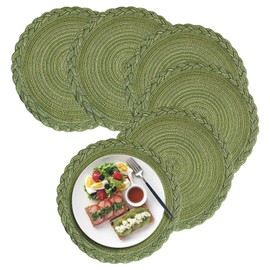 Herfair Round Place Mats, Set of 6 Placemats, Coasters, Plates, Cotton Woven Placemats, Fabric Table Coasters for Kitchen, Christmas Decor (Green, 30 cm)
