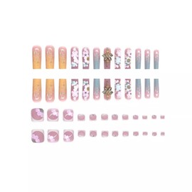 48 Pcs Pink Press on Nails Long Square & Press on Toenails Set - YEFIUO White French Fake Nails Press ons Nail Art Tips Glue on Nails Full Cover Acrylic Nail Kit False Toe Nails with 3D Flowers Design