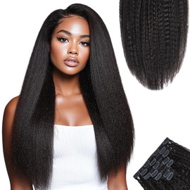 Extensiones de cabello humano brasileño Remy 100% con clip, rizos lisos y rizados, clips invisibles que protegen el cuero cabelludo, negro natural, 3,52 oz, 7 piezas (20 pulgadas)