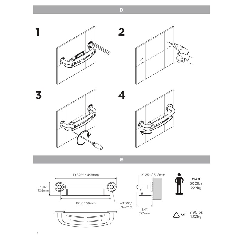 Decorative Grab Bar with Shelf, Plus Shampoo Shelf 19.5 Inch