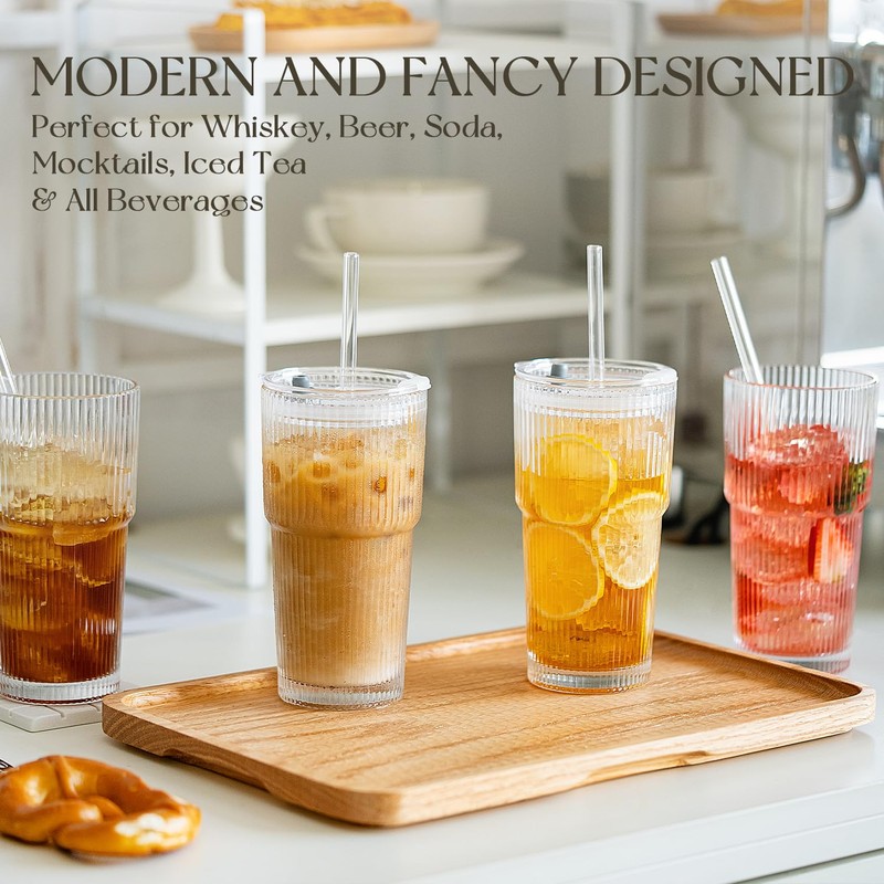 KEMORELA 6-Pack Ribbed Glass Tumblers with Lids & Straws –