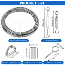 Wire Rope 2 mm x 15 m Stainless Steel Rope Set, Stainless Steel Tension Wire, Wire Rope Trellis Set, Garden Rope Stainless Steel Cable Wire Rope with M5 Rope Tensioner Steel Cable Tensioner for