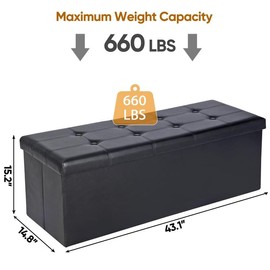 Segawe 43 Inch Folding Storage Ottoman Bench Storage Chest Footrest Stool Bench for Living Room Bedroom Entryway, Holds up to 660 lb, Black