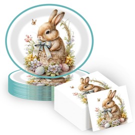 LGJkYF 100PCS Easter Oval Paper Plate and Napkins Sets,10" X 12" Large Paper Plate Bunny Rabbit Disposable Serving Dish Tray and 6.5' Rabbit Napkins for Easter Party Wedding Spring Holiday Supplies | LGJkYF