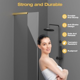 Heavy Duty Fixed Glass Clamp Support Bracket for Frameless Shower Doors,Reliably 304 Stainless Steel Stabilizing Bar for 6-12mm Glass Panels,No-Drill Installation,Mirror Gold