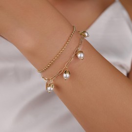 SHINYTE CATALINE 14K Gold Pearl Beaded Bracelet Women's Extendable Adjustable Jewelry for Multiple Occasions, 8.66, Brass, no gemstone