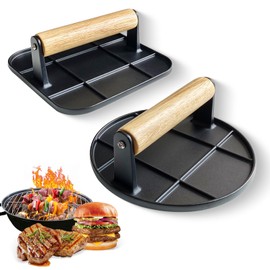 GGHHFA Burger Press,Smash Burger Press for Griddle with Wood Handle,Burger Smasher for Grill, Steak Bacon Smasher for Camping (Round & Square)