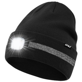 ATNKE LED Lighted Beanie Hat,USB Rechargeable 4 LED Run Headlamp with Reflective Stripe Cap Light Gift for Men and Women/#Black