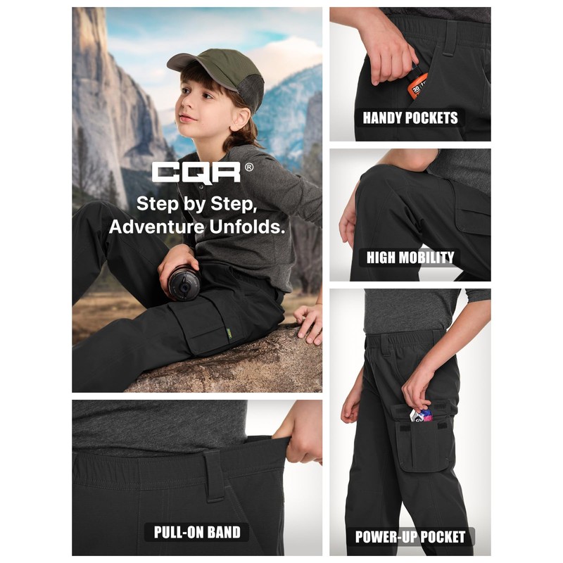 CQR Kids Boy’s Hiking Cargo Pants, Water Resistant UPF 50+
