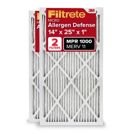Filtrete 14x25x1 AC Furnace Air Filter, MERV 11, MPR 1000, Micro Allergen Defense, 3-Month Pleated 1-Inch Electrostatic Air Cleaning Filter, 2 Pack (Actual Size 13.781 x 24.781 x 0.84 in)
