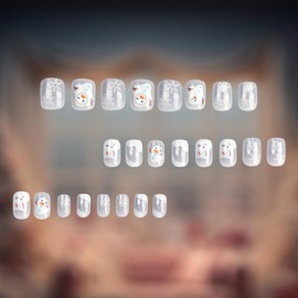 Christmas Press on Nails Coffin Short Length, 24Pcs Artificial Fake Nails with Snowman Snowflake Designs, Glossy Full Cover Winter Acrylic Square False Nails Glue Stick on Fingernails for Women
