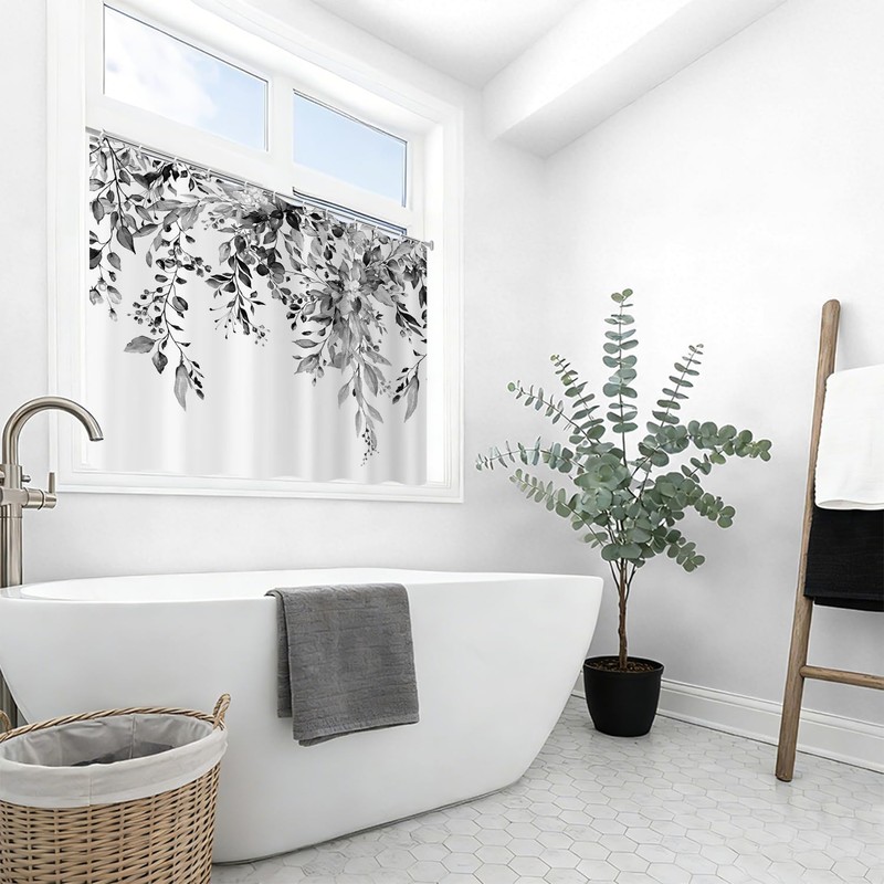 GCIREC Black and White Shower Window Curtain, Watercolor Eucalyptus Leaves