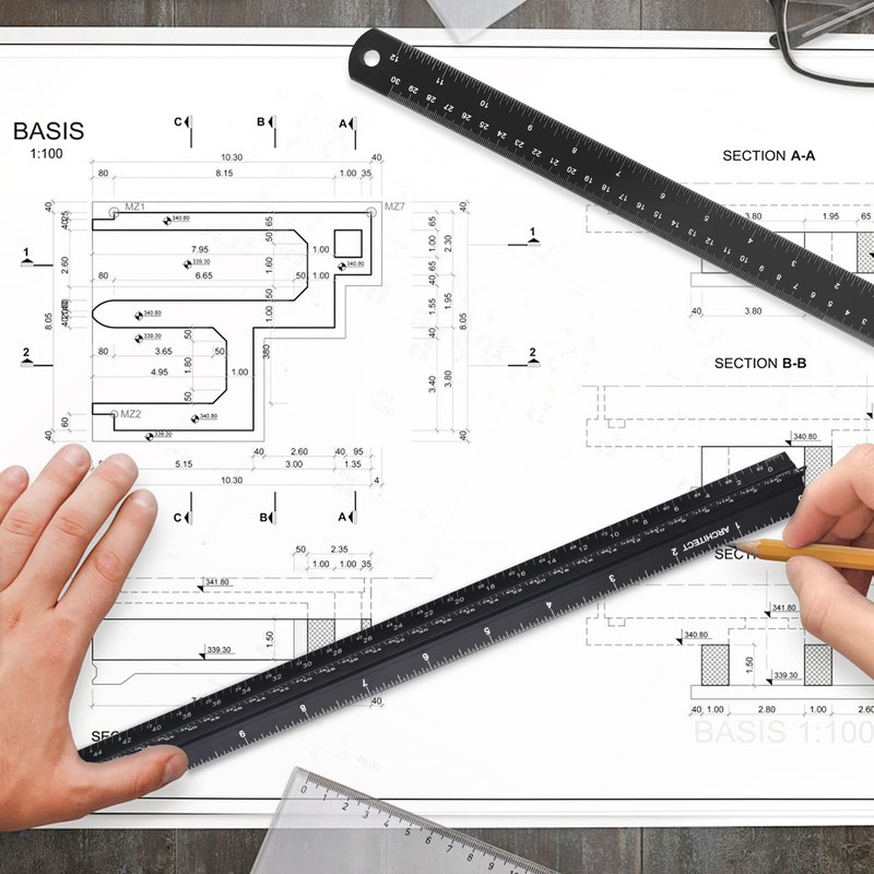 Architectural Scale Ruler with Straight Ruler, 12 Inches Imperial Measurements,