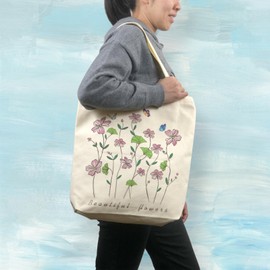 WIERAEM Canvas Tote Bag for Women, with Zip and Pockets of Shoulder Tote Bag Aesthetic，Cute Cotton Book Totes Bag，Ideal for School Work Shopping Reusable（Flower