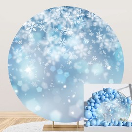 OERJU 7.2x7.2ft Winter Snowflake Round Backdrop Christmas Snow Flakes Ice Blue Bokeh Circle Photography Background Family New Year Xmas Eve Party Decoration Banner Adult Kids Photo Booth Studio Props