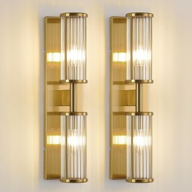 ECOBRT 2-Light Farmhouse Vanity Wall Lamp Set of 2, Brushed Brass Industrial Bathroom Lighting with Glass Rod Shades, Vintage Mirror Lights for Bedroom & Bathroom, Sconce Lighting, Rustic Home Decor