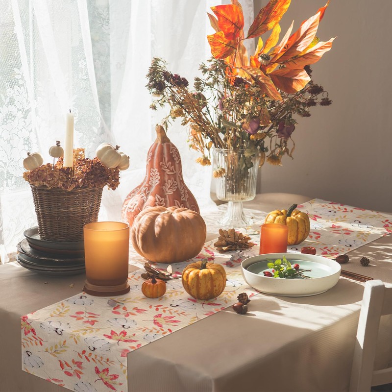 Thanksgiving Table Runner, 72x13in Pumpkin Fall Maple Leaves Table Runner