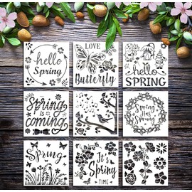 9 Pieces Spring Painting Tool Stencils Template Set, Creative Spring Words with Sentiment Stencils Reusable Painting Stencils for DIY Painting Art Projects Supplies