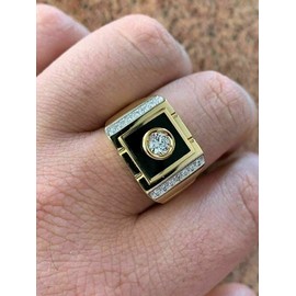 Solid 925 Sterling Silver - 14k Gold Finish - Mens Hip Hop Iced Solitaire Ring W. Black Onyx - Sizes 7-13 Great As Pinky Ring Or Any Finger (12)