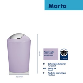 kela MARTA Cosmetic Bin, Purple, 1.7 Litres, Mini Rubbish Bin with Swing Lid, Plastic, Pastel Purple, Matt