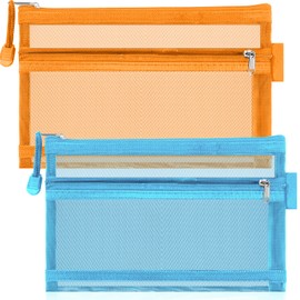 2Pcs Clear Large Pencil Case with Double Zipper, Mesh Pencil Pouch for Stationery Supplies, Special Exam Pencil Case for Kids & Adult, Cosmetic & Travel Pouch (Orange & Blue)