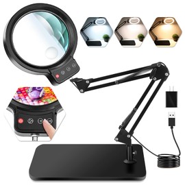10X 30X Large Magnifying Glass with Light and Stand, 5-inch Lighted Magnifier, 72 LED 3 Color Modes Stepless Dimmable, Hands-Free Magnifying Glass Desk Lamp for Reading Craft Hobby Close Work Black