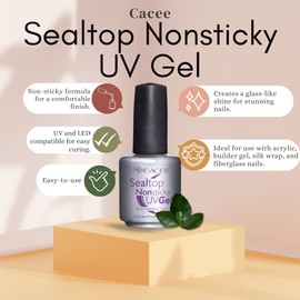 Cacee Gel Topcoat - Non-sticky Sealer for Acrylic, Builder Gel, Silk Wrap & Fiberglass Nails, Glass-like Shine, UV + LED (0.5 oz)