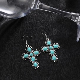 Bohemian Turquoise Earrings for Women Boho Vintage Oval Western Drop Dangle Earrings Geometric Ethnic Teardrop Earrings Turquoise Jewelry Gift (Cross)