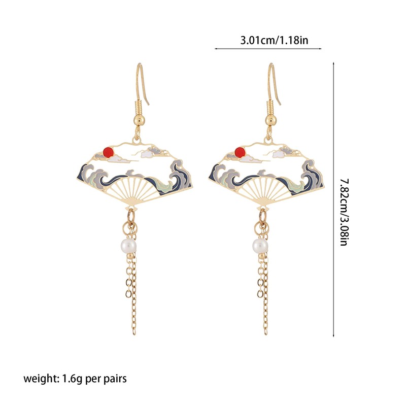 Just Follow Chinese Style Hollow Geometric Fan Tassel Earrings Oriental