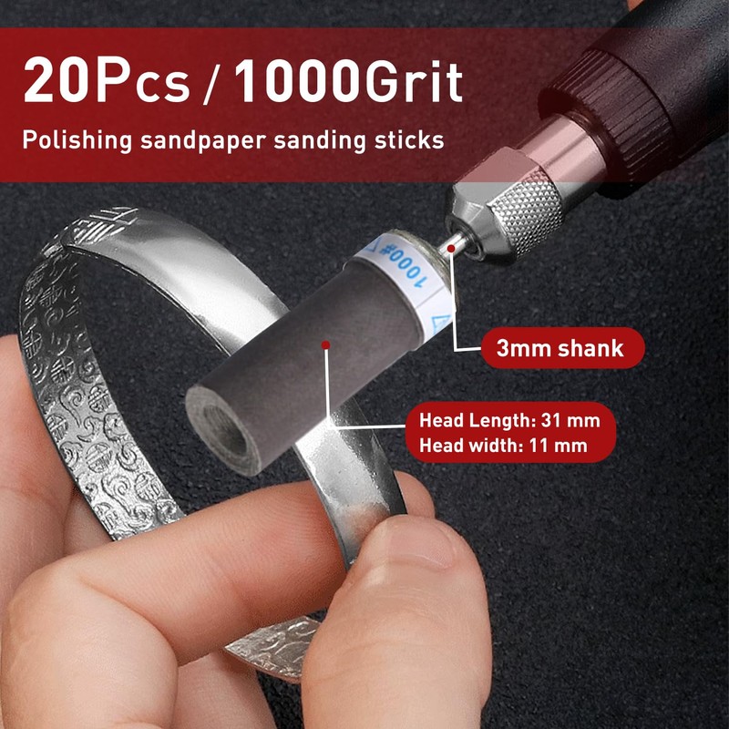20Pcs 1000 Grit Sanding Drums Sandpaper Sticks Set with 1/8"(3mm)